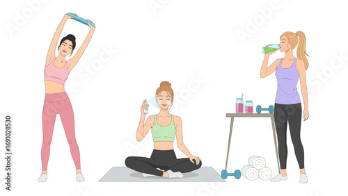 Three diverse young women engaged in healthy lifestyle activities including stretching yoga and drinking water after a workout session