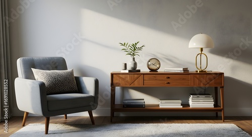 Modern Living Room Corner with Armchair, Console Table, and Lamp