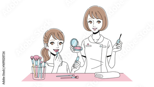 Skilled makeup artist demonstrating cosmetic application techniques to a happy client during a beauty consultation session with professional tools