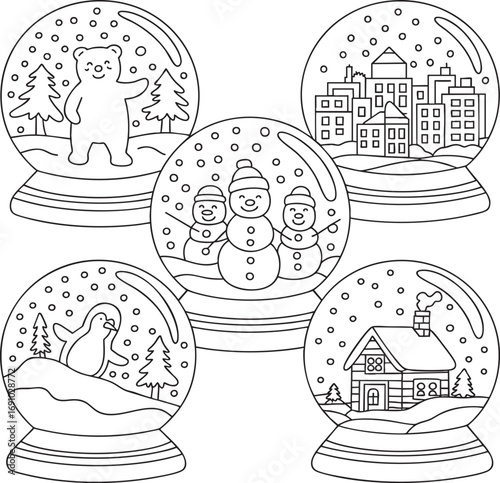 Four stylized snow globes, outlined in black, depict different winter scenes.