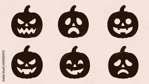 Set of vector icons of Halloween pumpkins with different emotions. Silhouette style.
