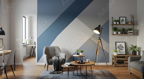 Modern Living Room Interior Design with Geometric Accent Wall and Cozy Furniture