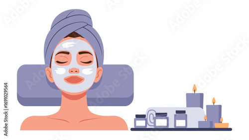 Relaxing woman with a white facial mask and towel on her head lying down with eyes closed enjoying a spa treatment with candles and skincare products nearby