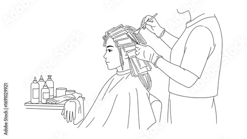 Line art illustration of a woman in profile getting her hair styled with braids and intricate weaving at a salon or beauty parlor with a mirror visible