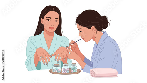 Two young women are getting their nails done at a beauty salon with one woman applying polish to the other s fingernails with a brush