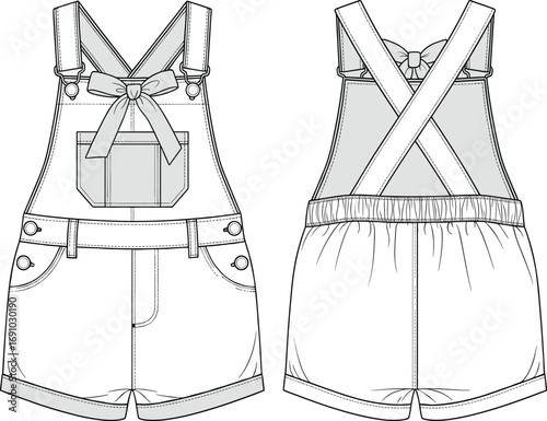 Technical flat sketch of short overalls front and back view, bow detail, patch pocket, curved hem, fashion apparel illustration