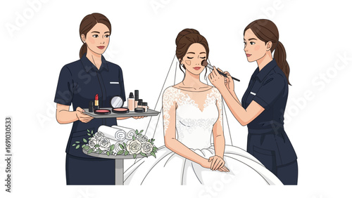 Professional makeup artist applying cosmetic makeup to a beautiful bride wearing a white wedding dress and veil on her special day