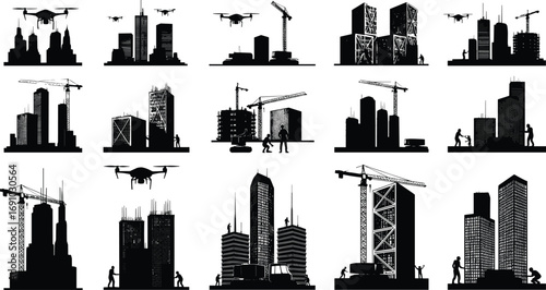 Silhouettes of skyscraper construction with cranes, drones, workers, and high-rise buildings in various stages of development and inspection.