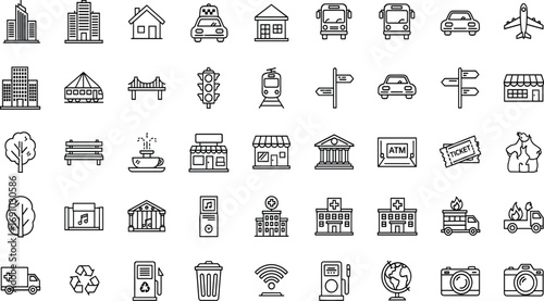 Urban transport icon set, black and white line style, city buildings, public services, travel symbols, vector illustration pack