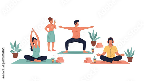 Diverse group of people practicing yoga and meditation indoors with plants and water bottles for a healthy lifestyle and wellness