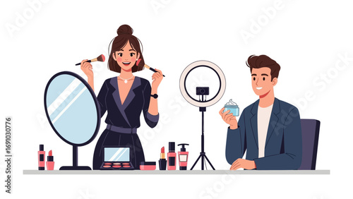 Diverse male and female content creators applying makeup and skincare products in a studio setting with ring light and mirror for beauty tutorials and vlogging