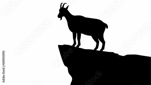 Silhouette of a goat standing on a cliff edge against a white background in a minimalist black and white style