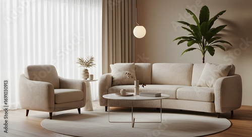 Modern Living Room Interior with Beige Sofa, Armchair, and Plant