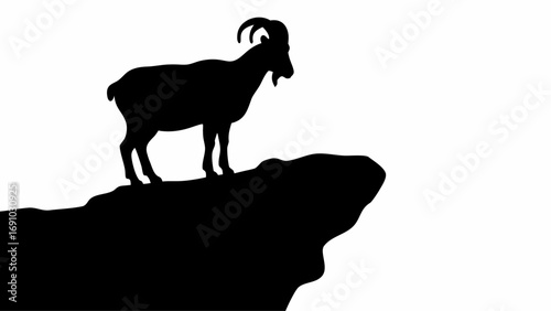 Silhouette of a horned goat standing atop a rocky cliff against a stark white background design element