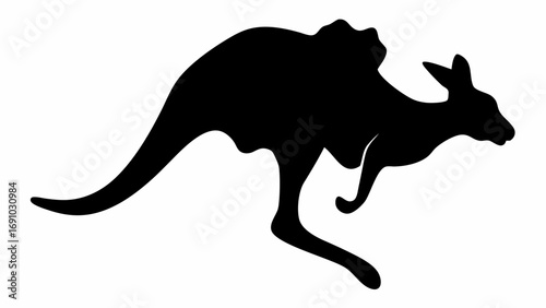Silhouette of a kangaroo in mid jump with a long tail and small arms on a white background isolated image