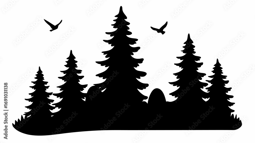 Obraz premium Silhouette of a forest with evergreen trees and birds flying in the sky in a black and white graphic