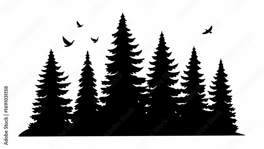 Obraz premium Silhouette illustration of a forest with evergreen trees and birds flying in the sky, scenic landscape view