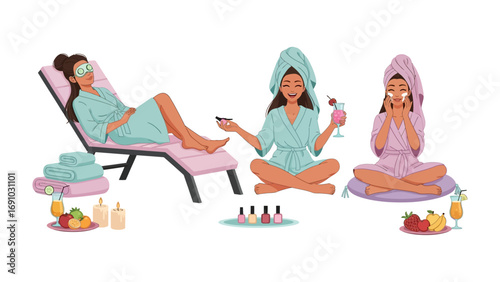 Three women enjoying a relaxing spa day with face masks robes towels and beauty treatments promoting self care and wellness