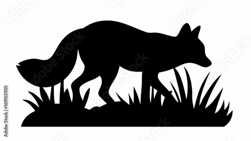 Silhouette of a fox walking through grass in a black and white graphic design illustration image art