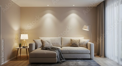 Modern Living Room Interior with Beige Sofa, Lamp, and Curtains