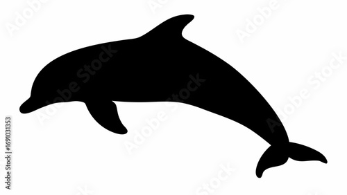 Silhouette of a dolphin jumping with a dorsal fin and tail visible against a white background image