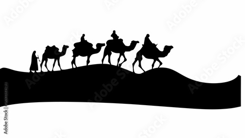 Silhouette of three wise men riding camels across desert dunes in a black and white vector illustration