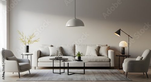 Modern Living Room Interior with Comfortable Sofa, Armchairs, and Stylish Decor