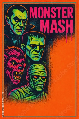 Neon Monster Mash featuring Dracula, Frankenstein and werewolf with copy space. Use for Halloween event branding, party posters, seasonal advertising and merchandise
