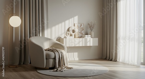 Modern Living Room Interior with Cream Armchair, Floor Lamp, and Sheer Curtains