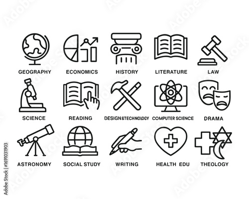 Set of outline icons related to school subjects. Linear icon collection