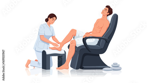Professional beautician meticulously caring for a male client s foot with a pedicure in a modern spa setting with white background