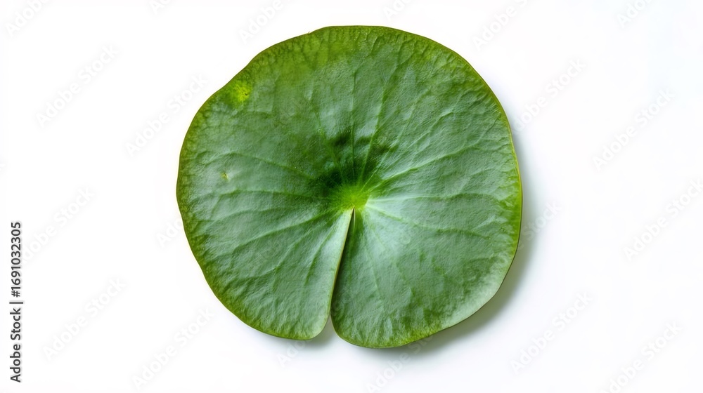 Fototapeta premium 白背景に浮かぶ緑色の円形葉のクローズアップ写真