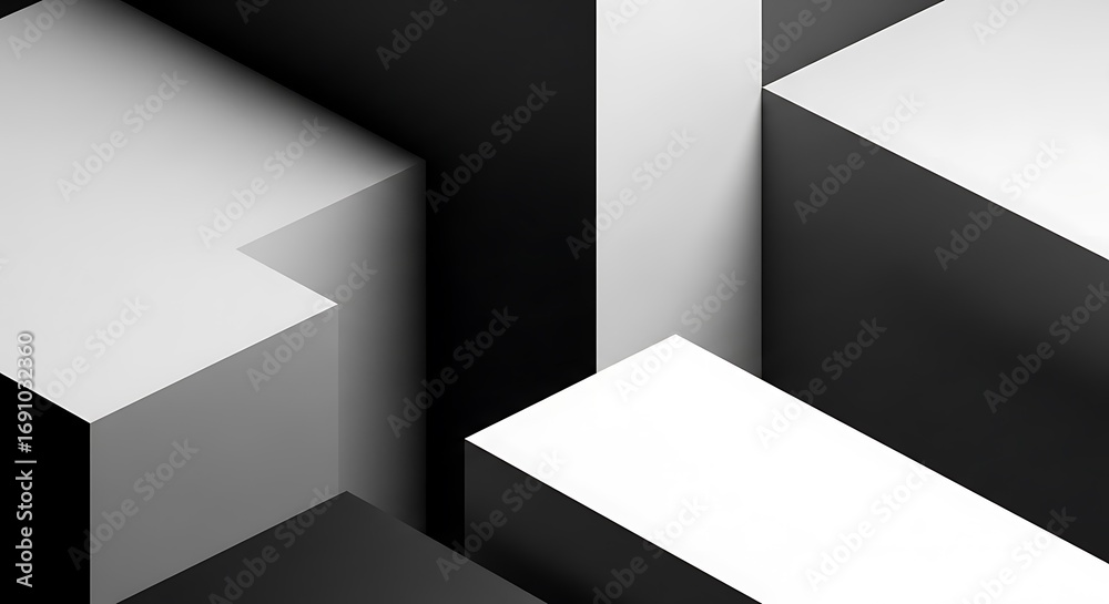 Fototapeta premium Monochrome geometric arrangement of staggered cubes in precise black and white color design