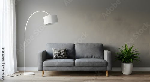 Modern Living Room Interior with Gray Sofa, Arc Lamp, and Potted Fern
