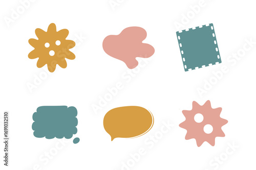 Abstract shapes and speech bubbles in muted colors on black background
