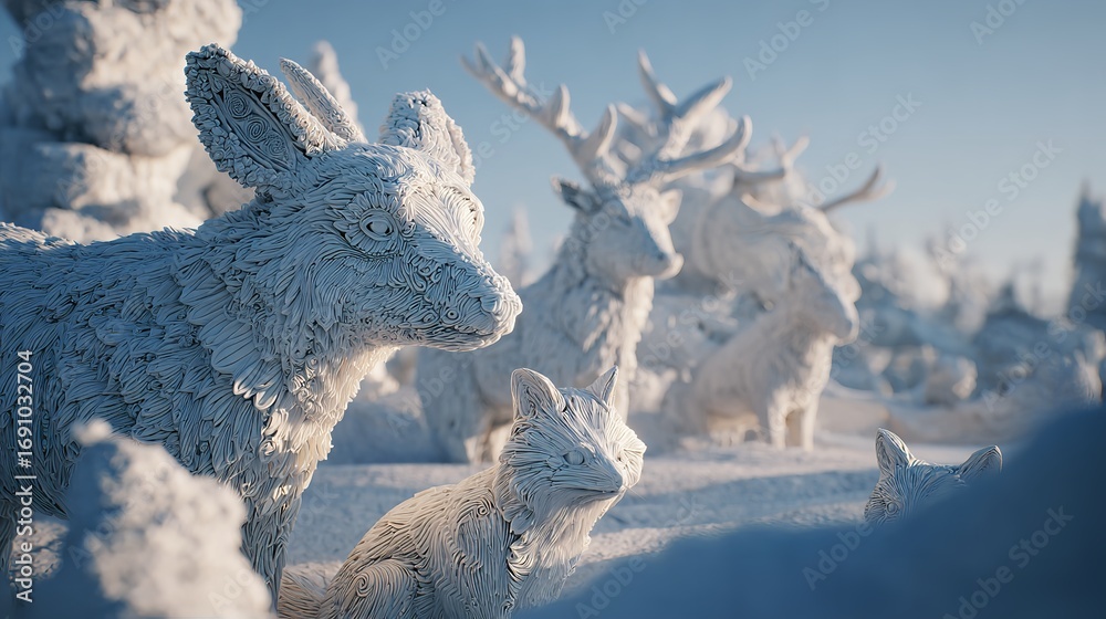 Fototapeta premium A close-up of a snowy rabbit hopping through a field, its small body blending with the snow as it searches for food in the winter landscape