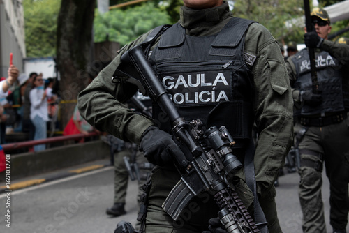GAULA military police Colombia carrying rifle, Armed GAULA unit with weapon, Colombian special operations police with firearm. High quality photo