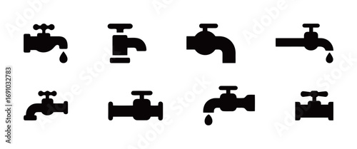 A set of black solid vector icons showing different water taps with water drops, suitable for plumbing and home appliance concepts.