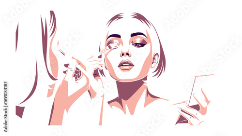 Young woman applying eye makeup with a brush in front of a mirror reflecting her focused expression and beauty routine