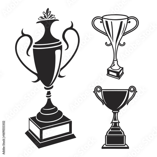 Black Trophy Cup Silhouette Vector Set | Champion Prize Icon Collection