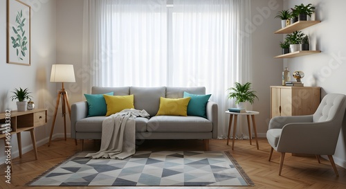 Modern Living Room Interior with Gray Sofa, Yellow and Teal Cushions, and Plants
