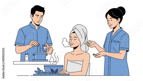 Professional skincare treatment with a beautician applying facial serum to a relaxed client wrapped in a towel after a spa session