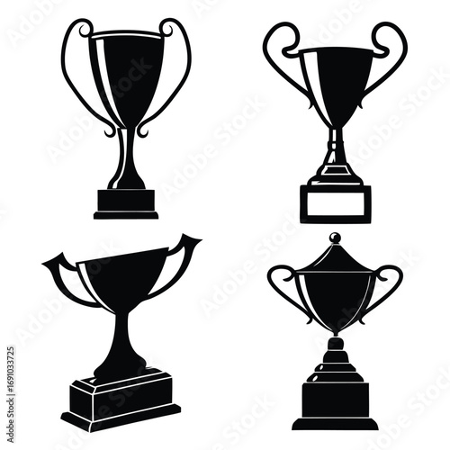 Black Trophy Cup Silhouette Vector Set | Champion Prize Icon Collection