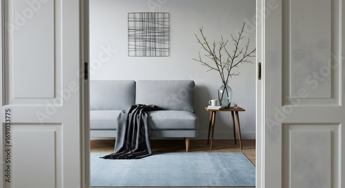 Modern Living Room Interior with Grey Sofa, Blue Rug, and Minimalist Decor