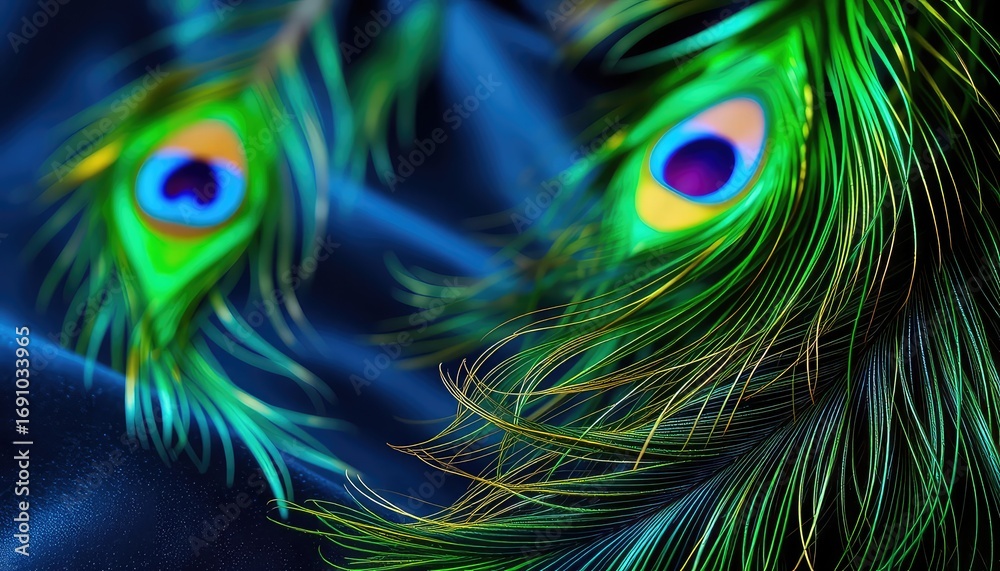 Obraz premium Dramatic macro shot featuring vibrant peacock feathers with brilliant iridescent colors against a luxurious deep indigo fabric backdrop