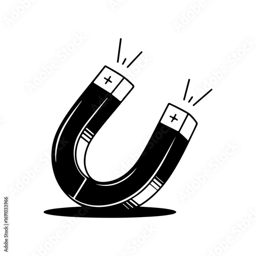 Classic horseshoe magnet with magnetic field lines showing attraction and repulsion in a simple drawing style vector
