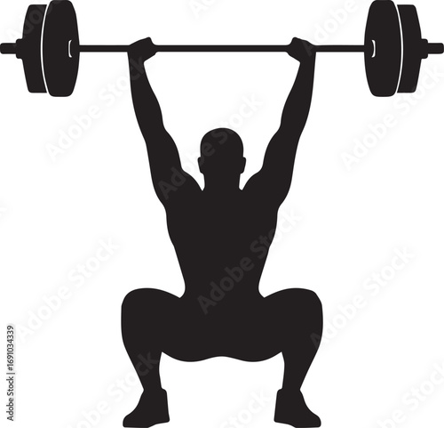 Fitness athlete silhouette lifting weight overhead performing squat strength training exercise