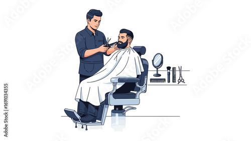 Skilled barber carefully trimming a client s beard with electric clippers in a modern barbershop setting with tools on display
