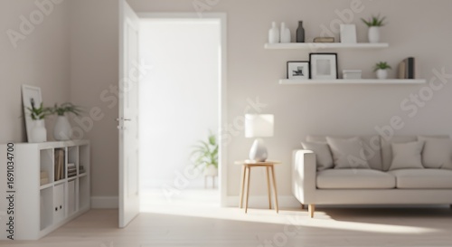 Modern Living Room Interior with Open Door and Natural Light