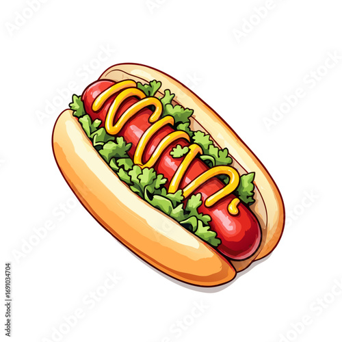 Cartoon Hotdog with Mustard and Greens Vector Illustration.